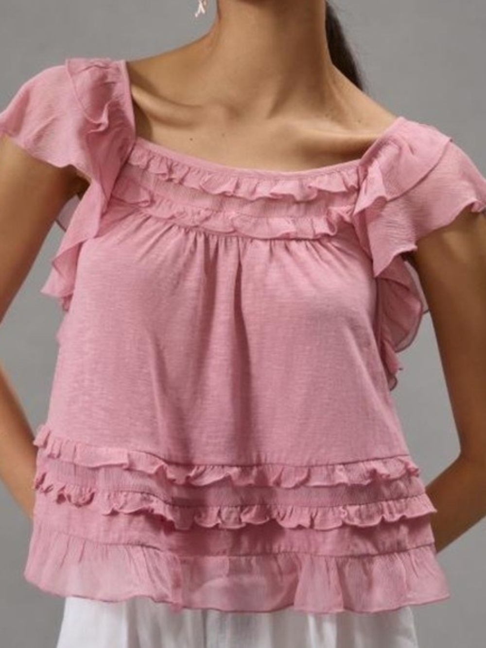 Anthropologie Pink Ruffle Sleeve Top